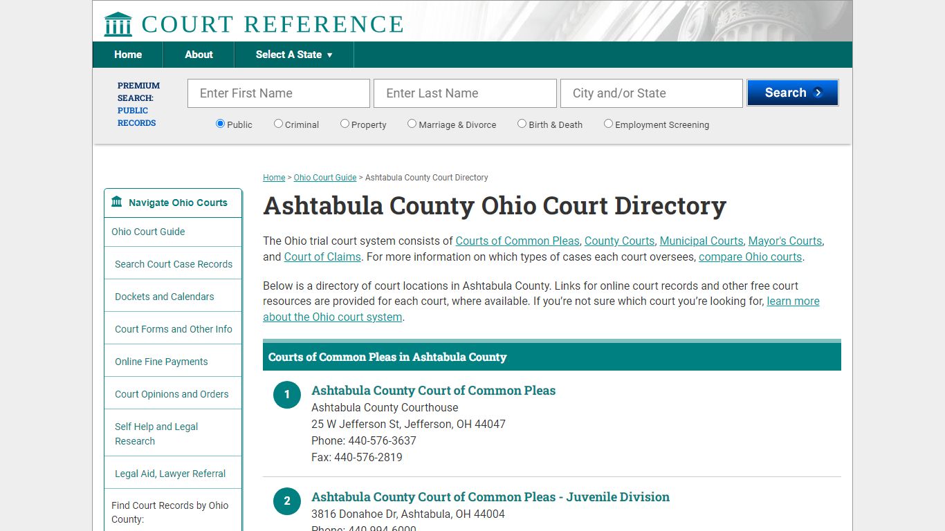 Ashtabula County Ohio Court Directory | CourtReference.com